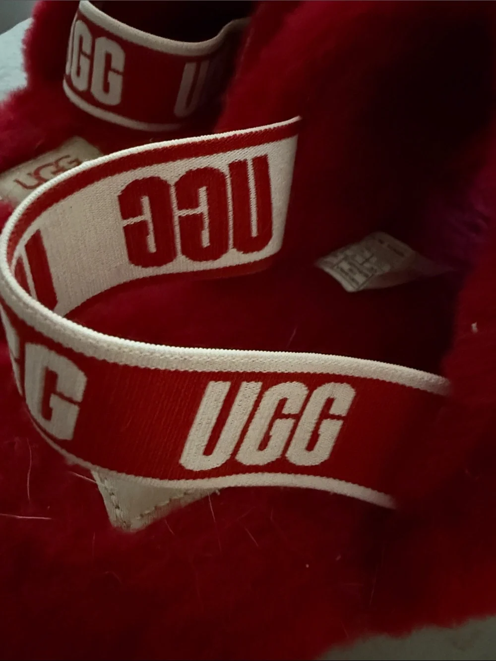 UGG Red Plush Slide Sandals with Logo Heel Strap